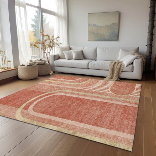 5' X 8' Salmon Abstract Washable Indoor Outdoor Area Rug