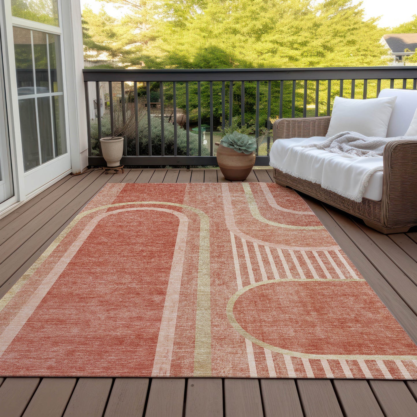 5' X 8' Salmon Abstract Washable Indoor Outdoor Area Rug