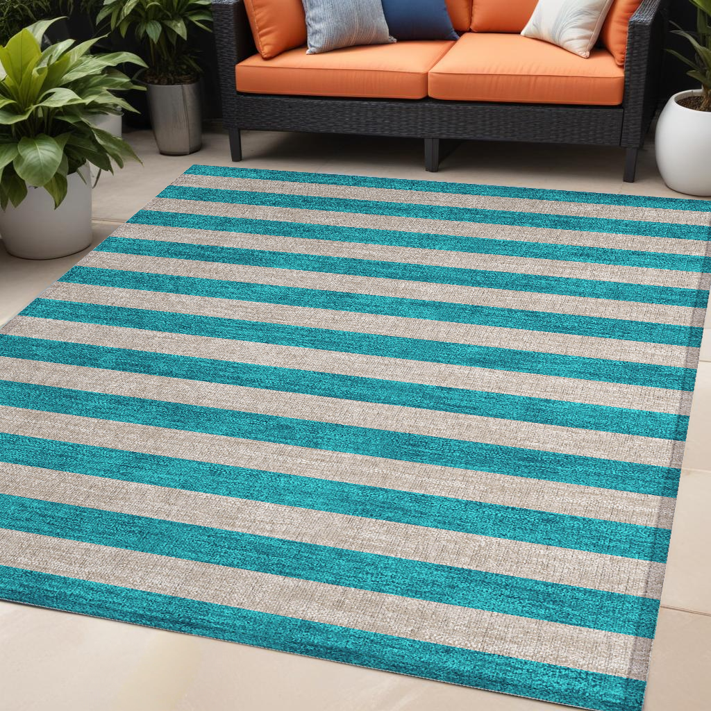 5' X 8' Turquoise Striped Washable Non Skid Indoor Outdoor Area Rug