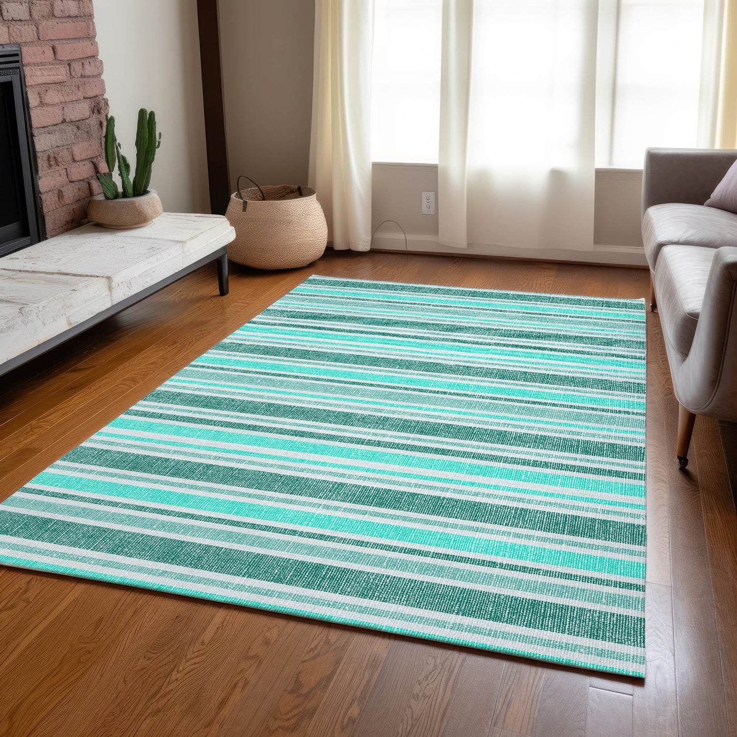 5' X 8' Turquoise Striped Washable Indoor Outdoor Area Rug