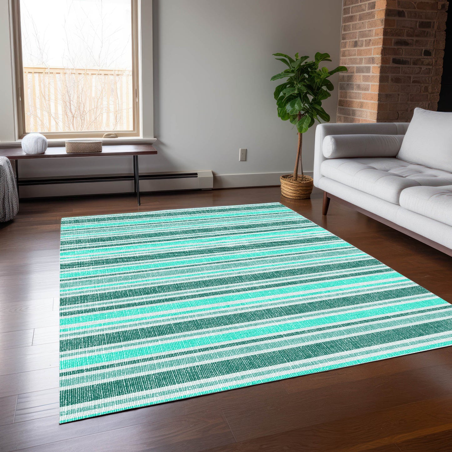 5' X 8' Turquoise Striped Washable Indoor Outdoor Area Rug