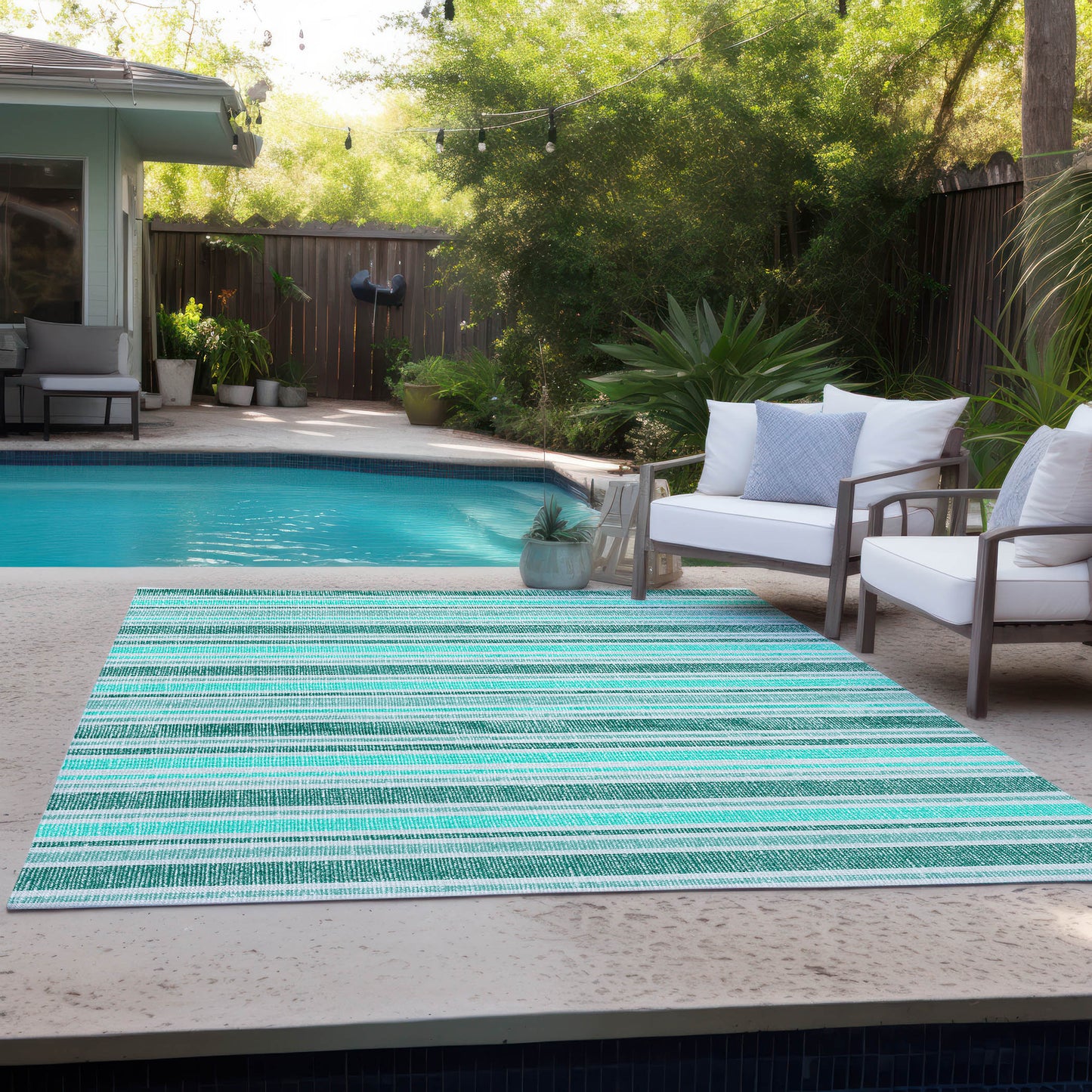 5' X 8' Turquoise Striped Washable Indoor Outdoor Area Rug