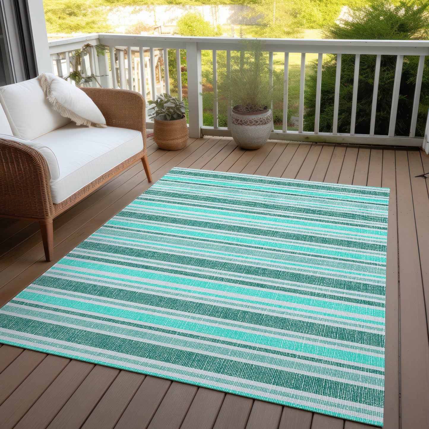 5' X 8' Turquoise Striped Washable Indoor Outdoor Area Rug