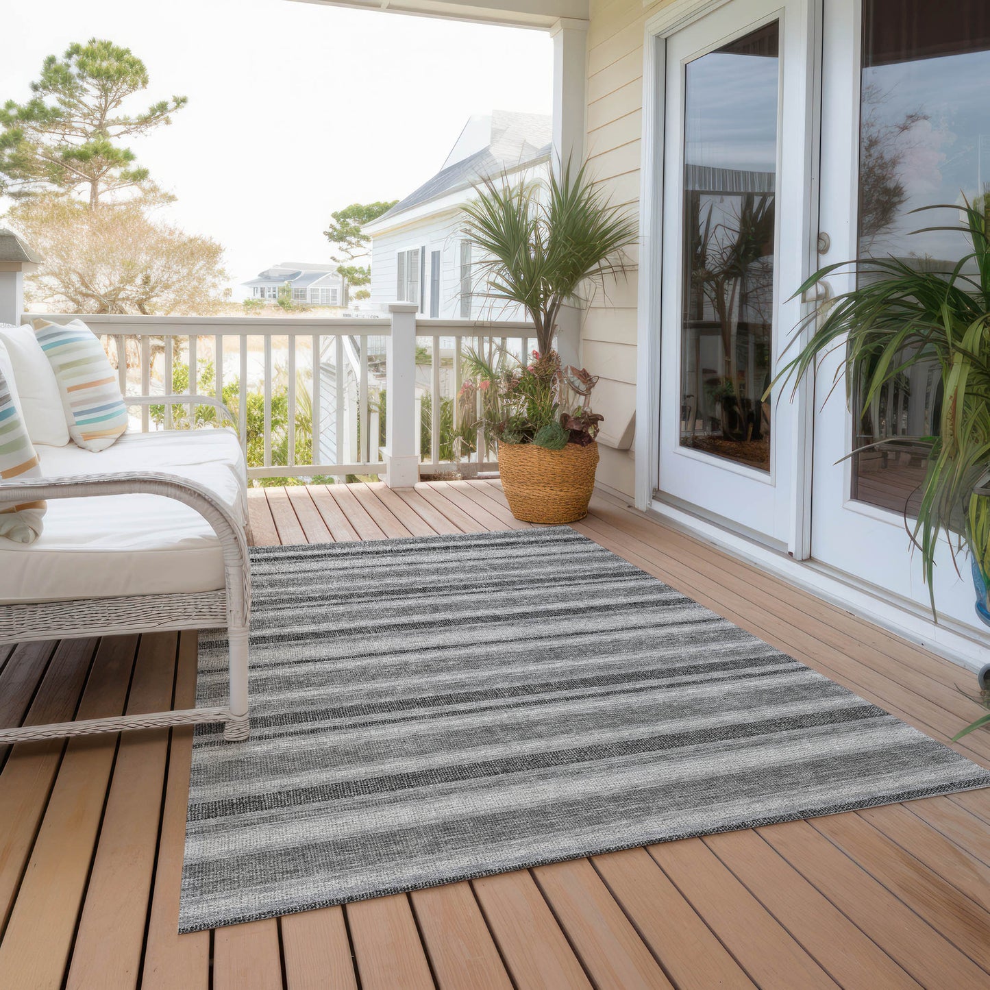 10' X 14' Black Silver and Gray Striped Washable Indoor Outdoor Area Rug