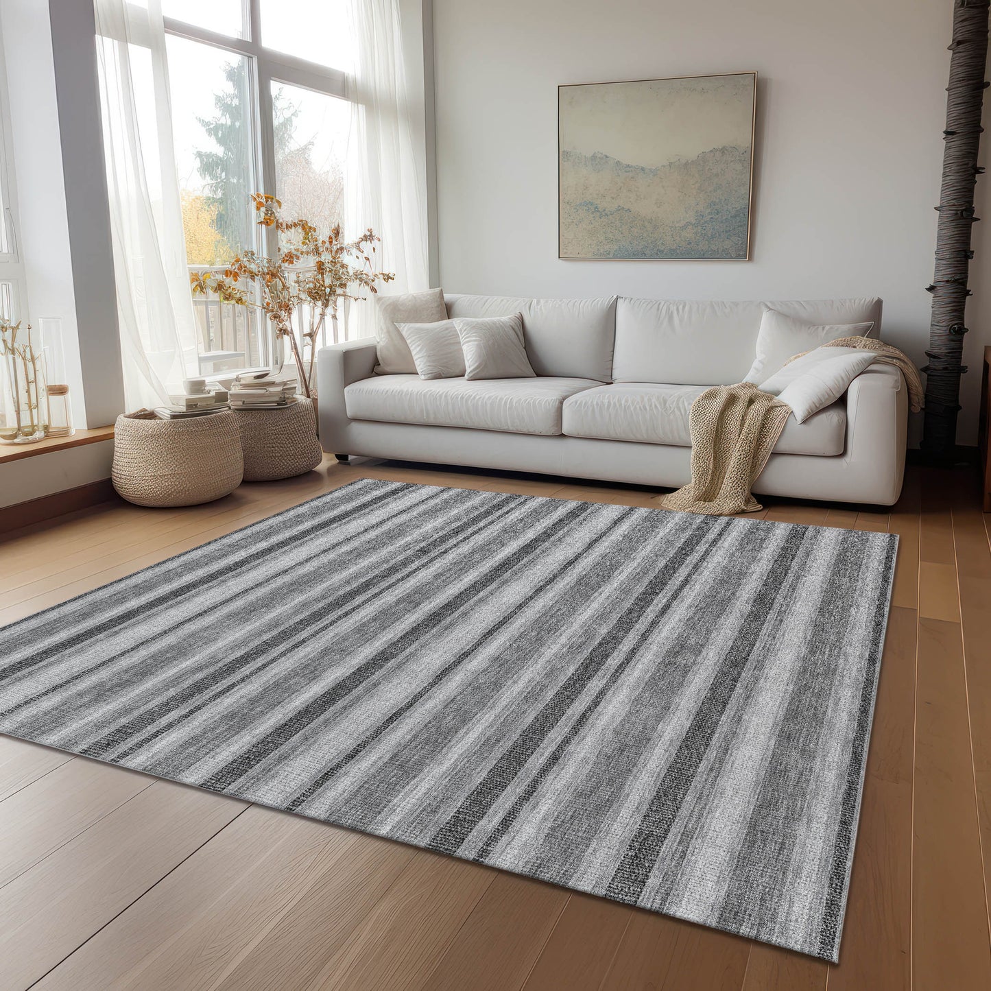 10' X 14' Black Silver and Gray Striped Washable Indoor Outdoor Area Rug