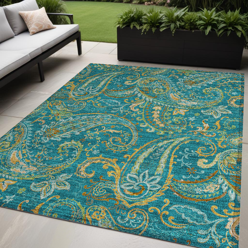 5' X 8' Teal Paisley Washable Non Skid Indoor Outdoor Area Rug