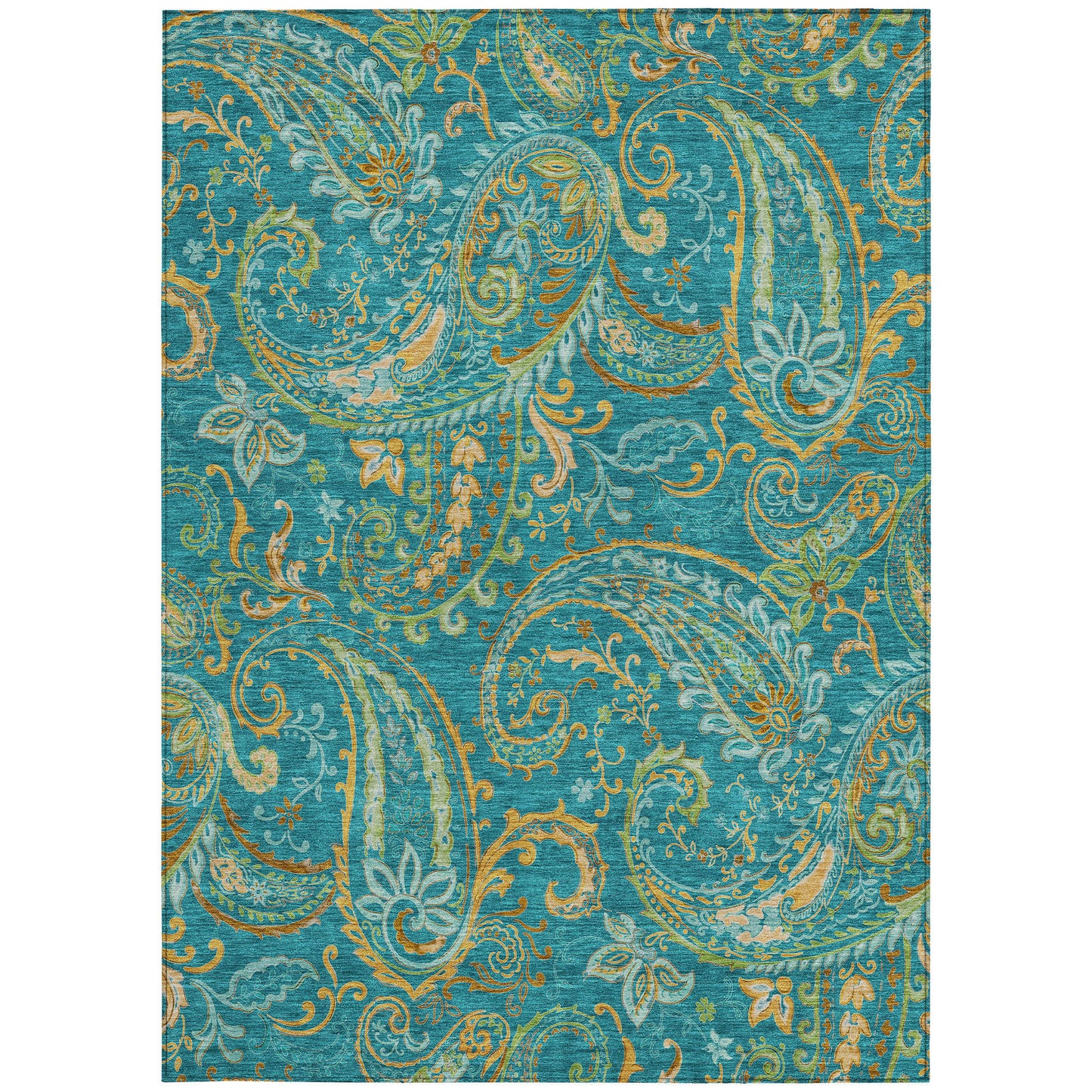 5' X 8' Teal Paisley Washable Non Skid Indoor Outdoor Area Rug