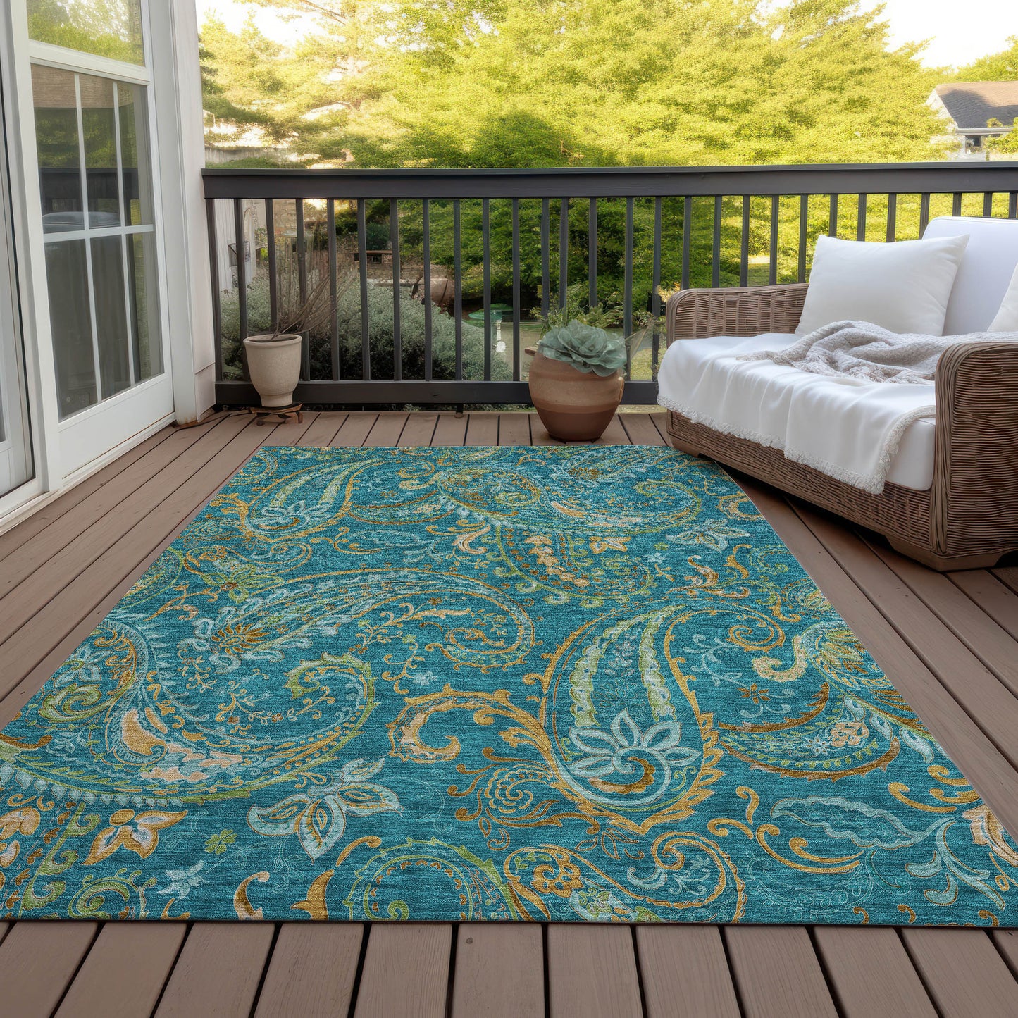 5' X 8' Teal Paisley Washable Non Skid Indoor Outdoor Area Rug