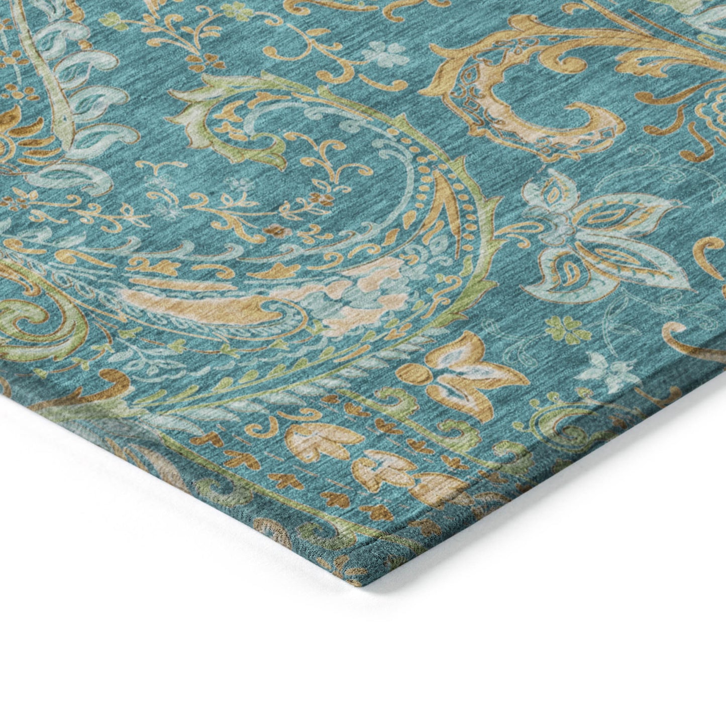 5' X 8' Teal Paisley Washable Non Skid Indoor Outdoor Area Rug