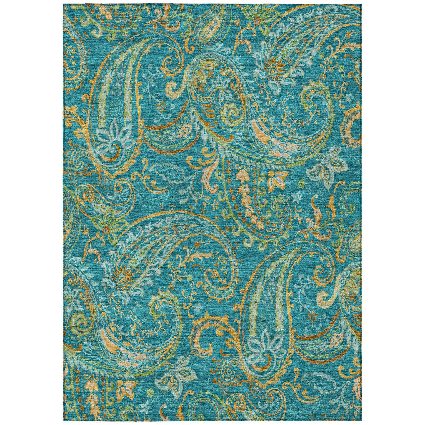 5' X 8' Teal Paisley Washable Non Skid Indoor Outdoor Area Rug