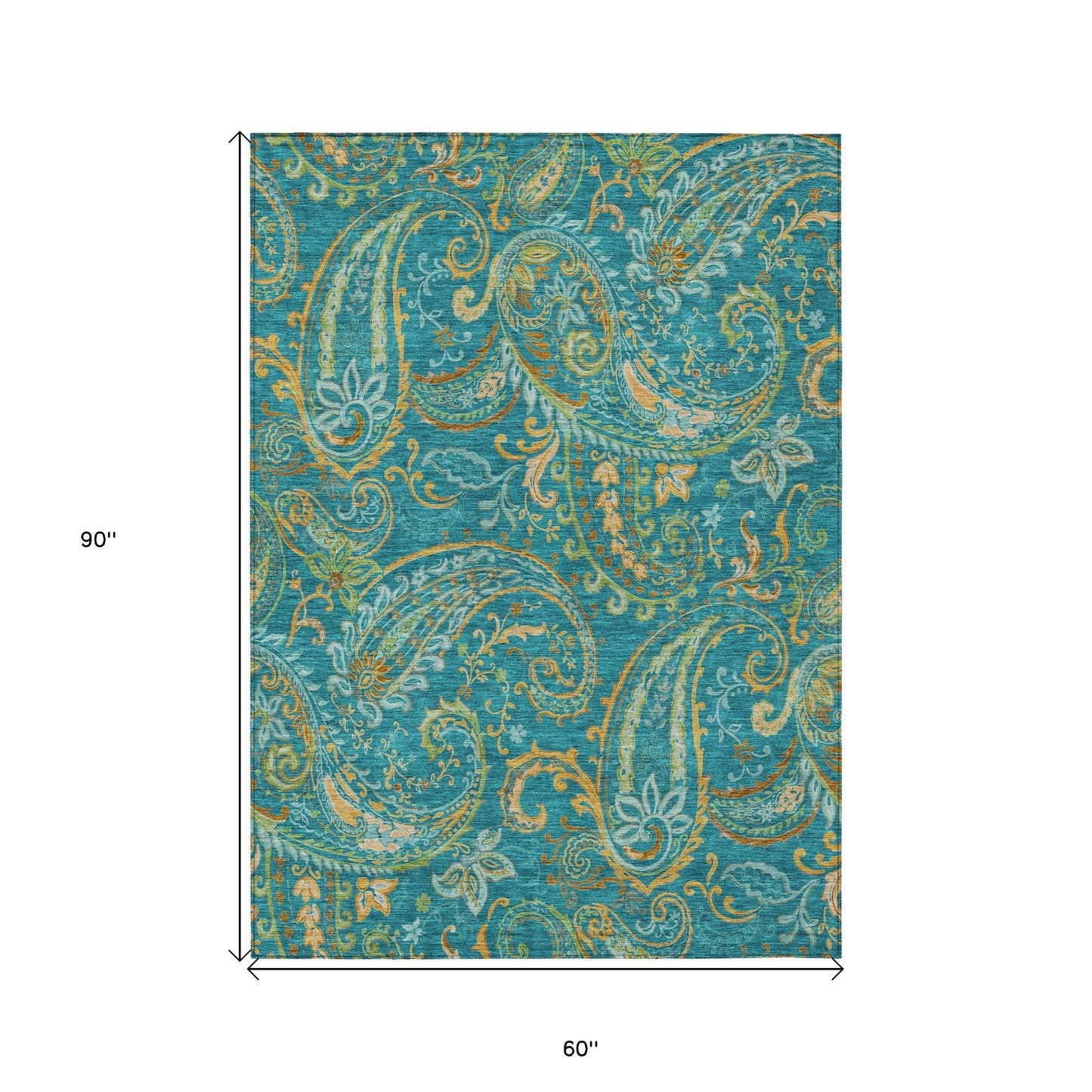 5' X 8' Teal Paisley Washable Non Skid Indoor Outdoor Area Rug