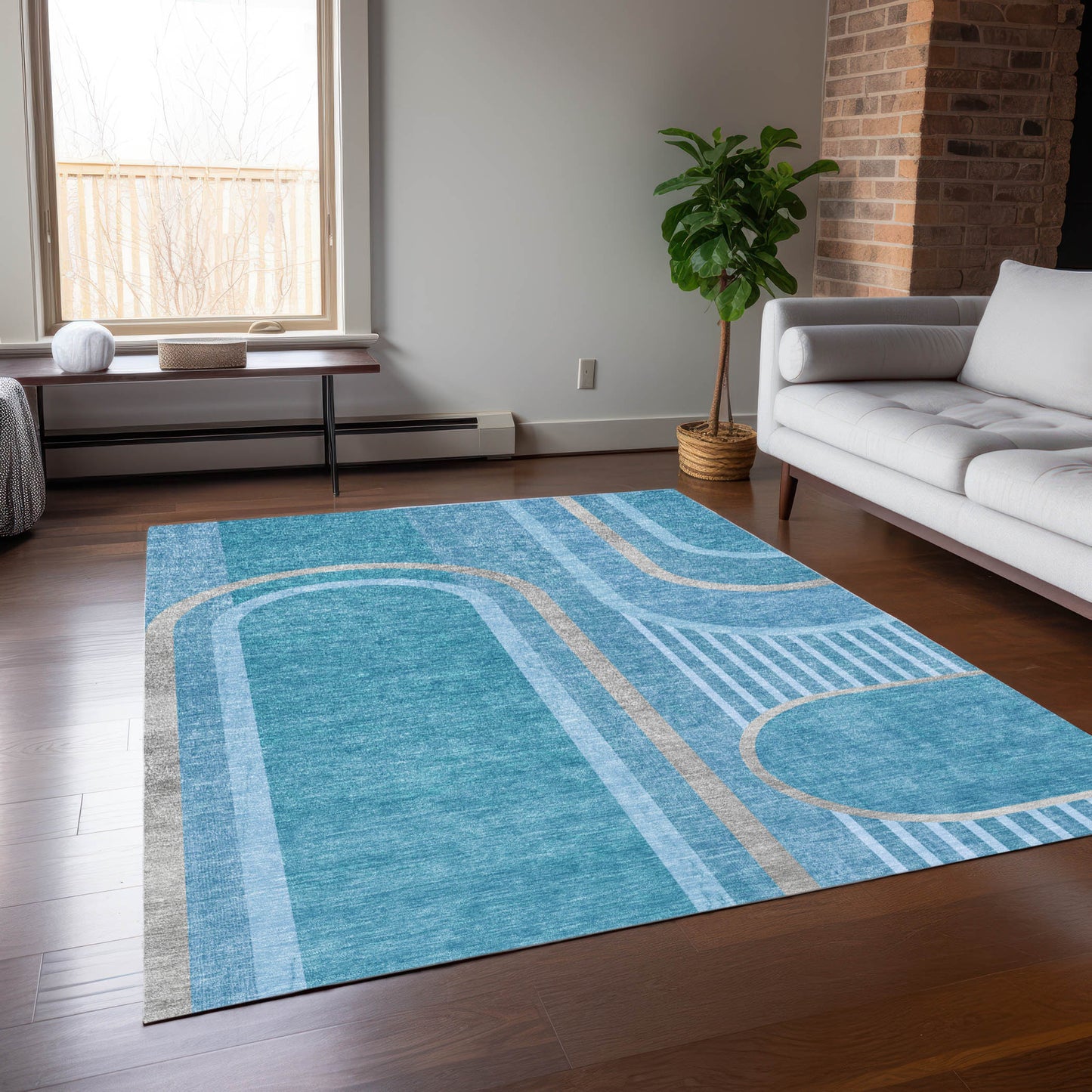 5' X 8' Teal Abstract Washable Indoor Outdoor Area Rug