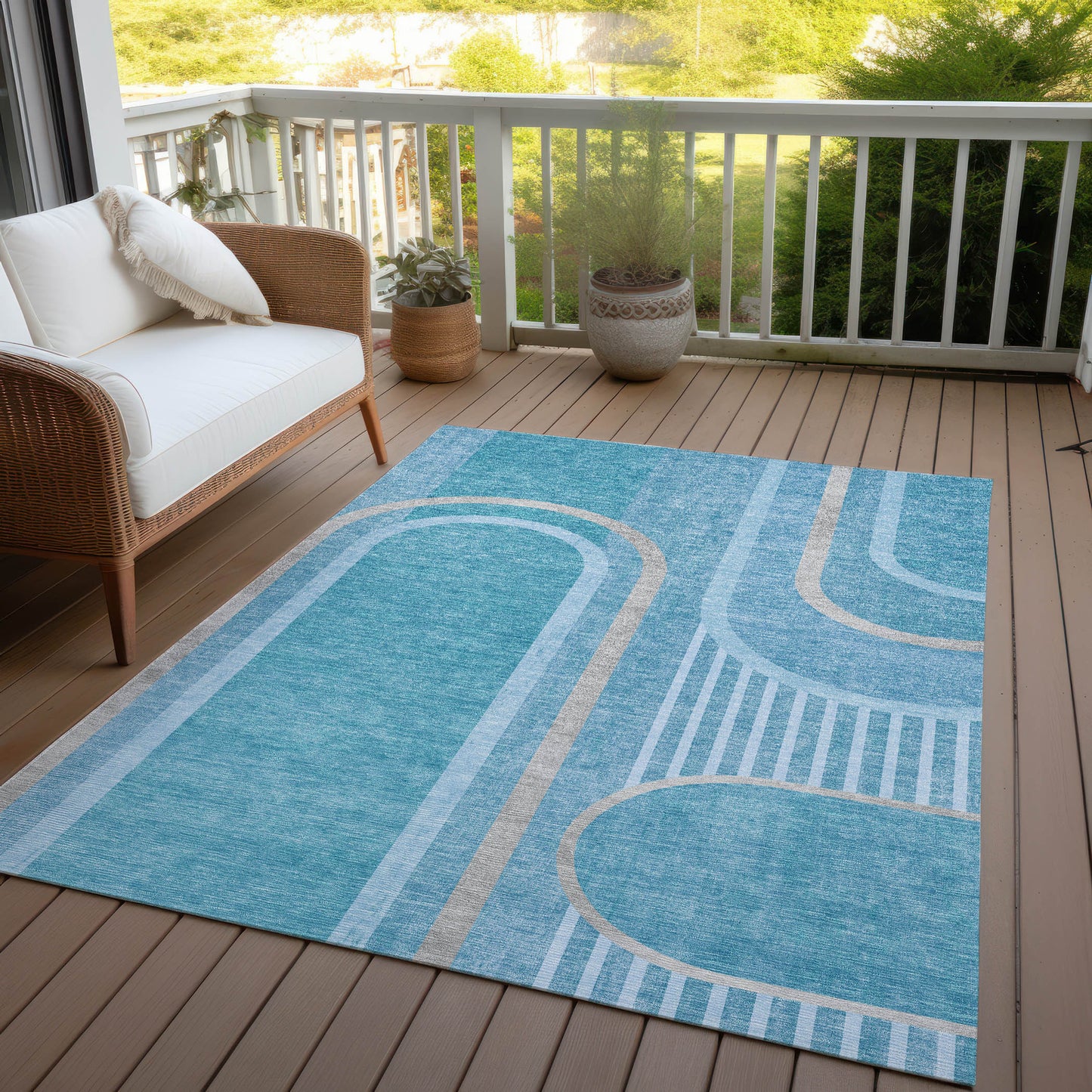 5' X 8' Teal Abstract Washable Indoor Outdoor Area Rug