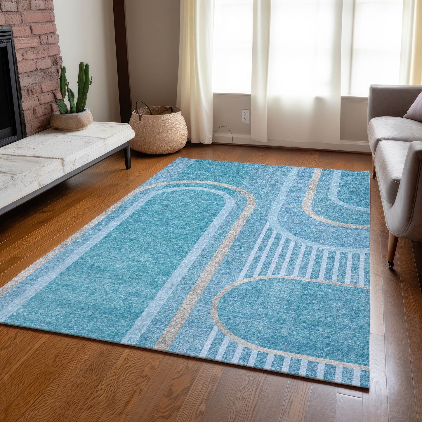 5' X 8' Teal Abstract Washable Indoor Outdoor Area Rug