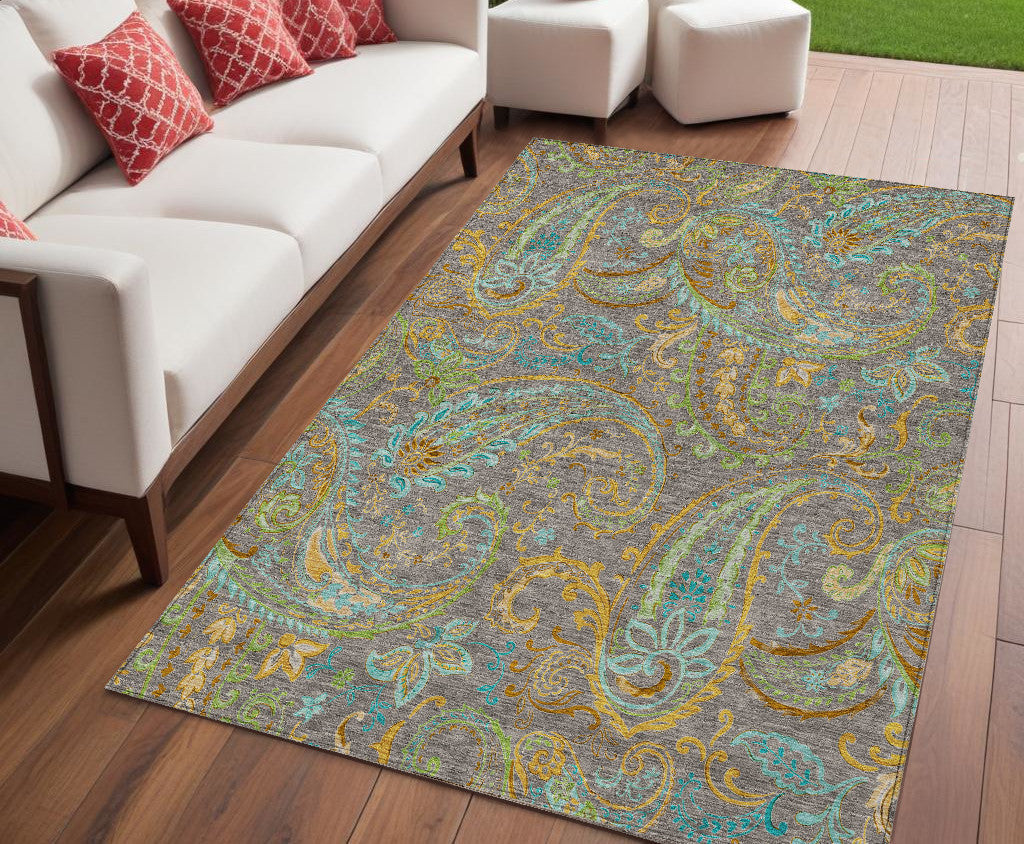 5' X 8' Taupe Paisley Washable Non Skid Indoor Outdoor Area Rug