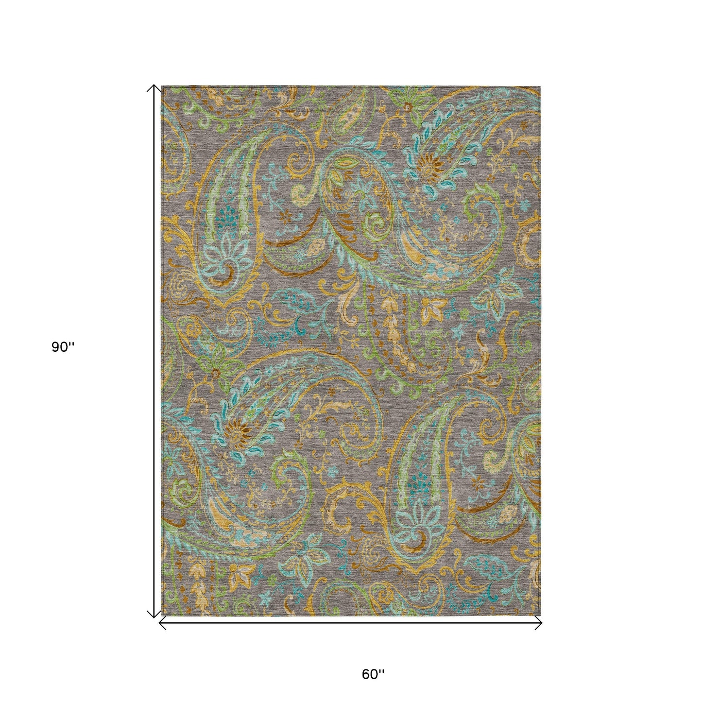 5' X 8' Taupe Paisley Washable Non Skid Indoor Outdoor Area Rug