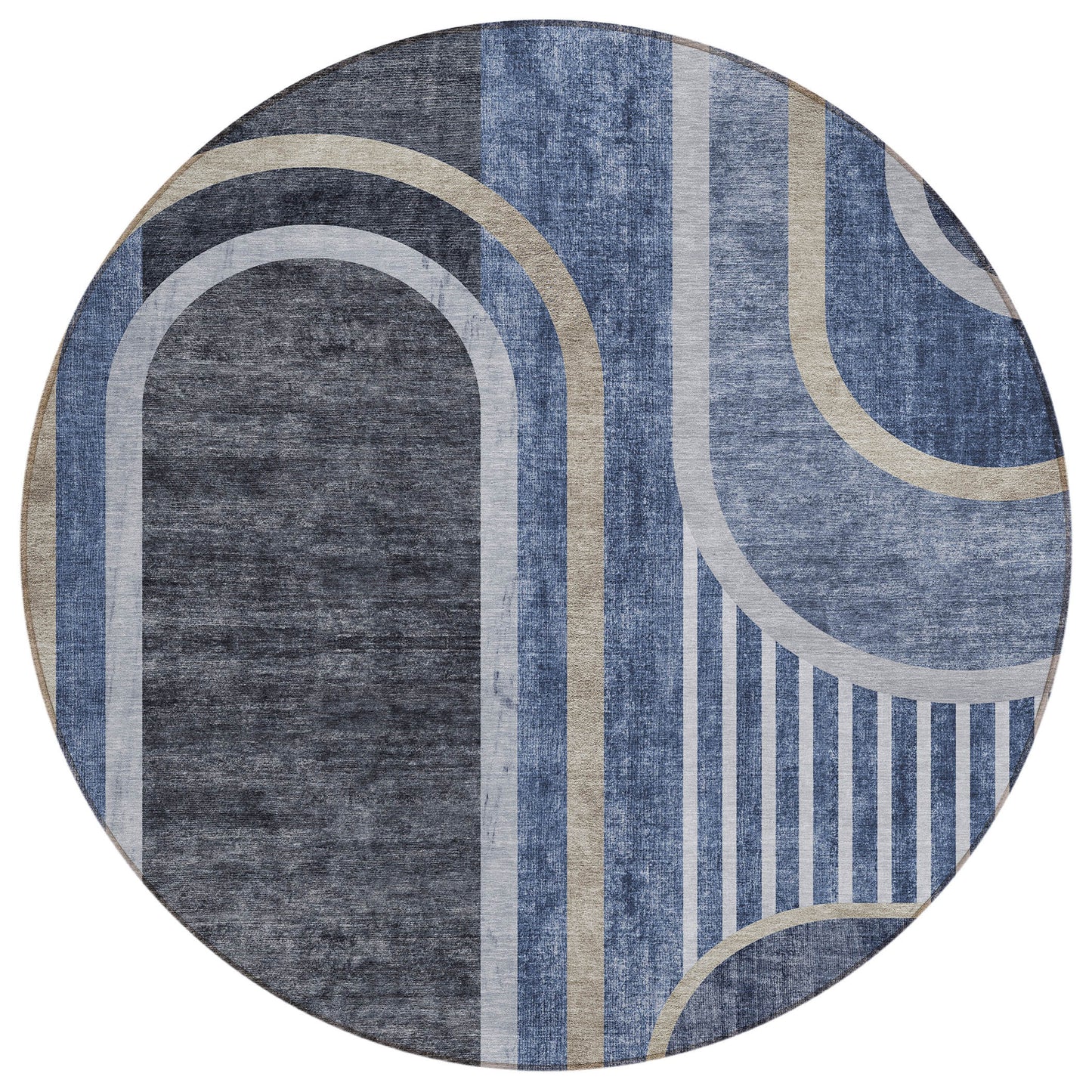 8' X 8' Blue and Black Round Abstract Washable Indoor Outdoor Area Rug