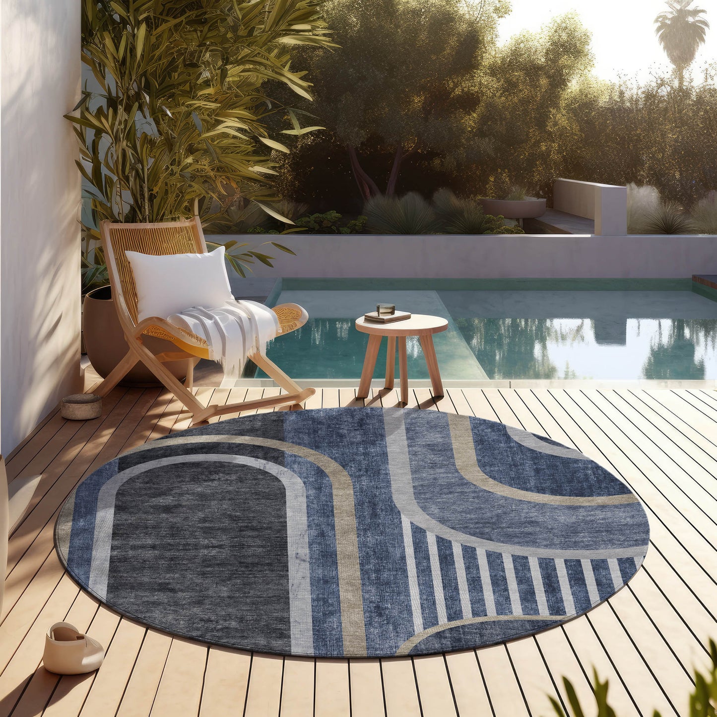 8' X 8' Blue and Black Round Abstract Washable Indoor Outdoor Area Rug