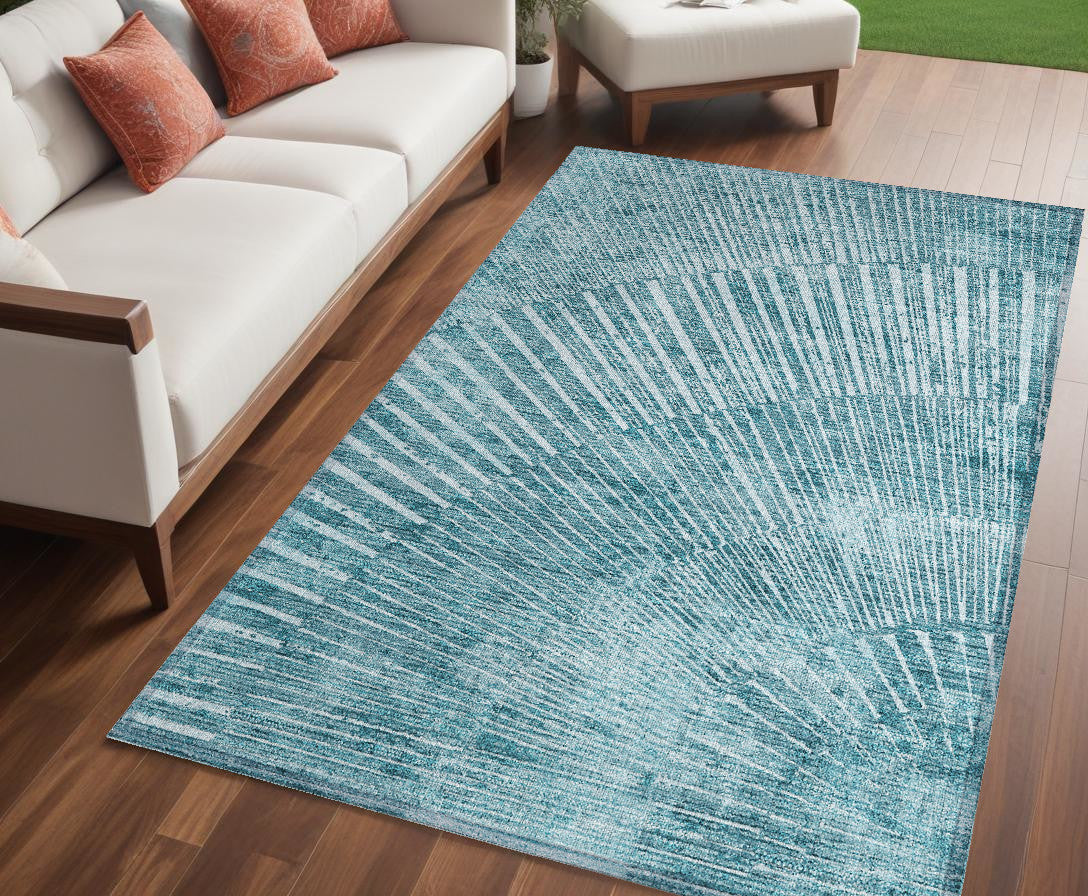 5' X 8' Teal Abstract Washable Non Skid Indoor Outdoor Area Rug