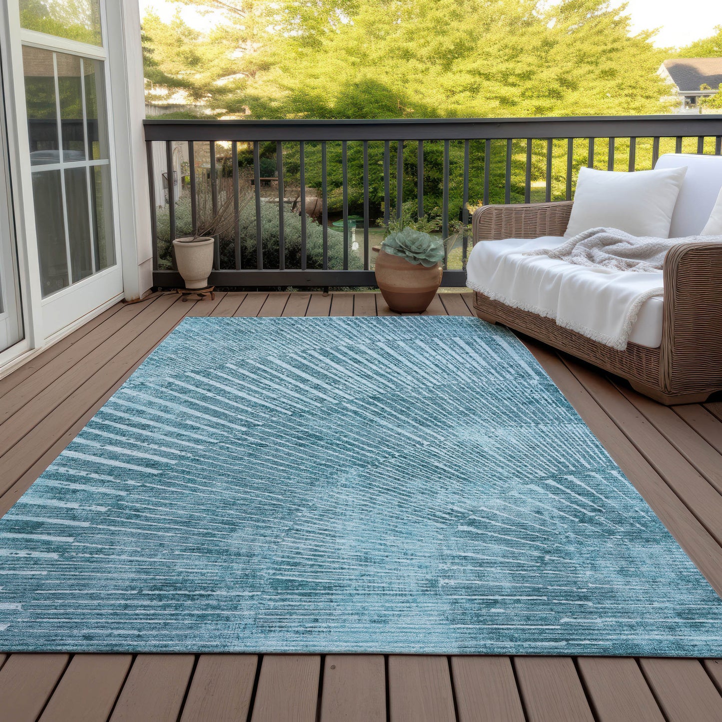 5' X 8' Teal Abstract Washable Non Skid Indoor Outdoor Area Rug