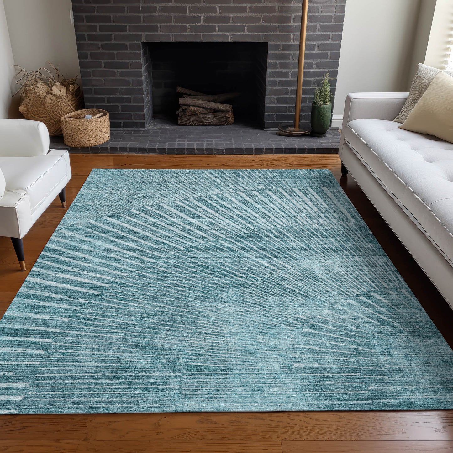 5' X 8' Teal Abstract Washable Non Skid Indoor Outdoor Area Rug