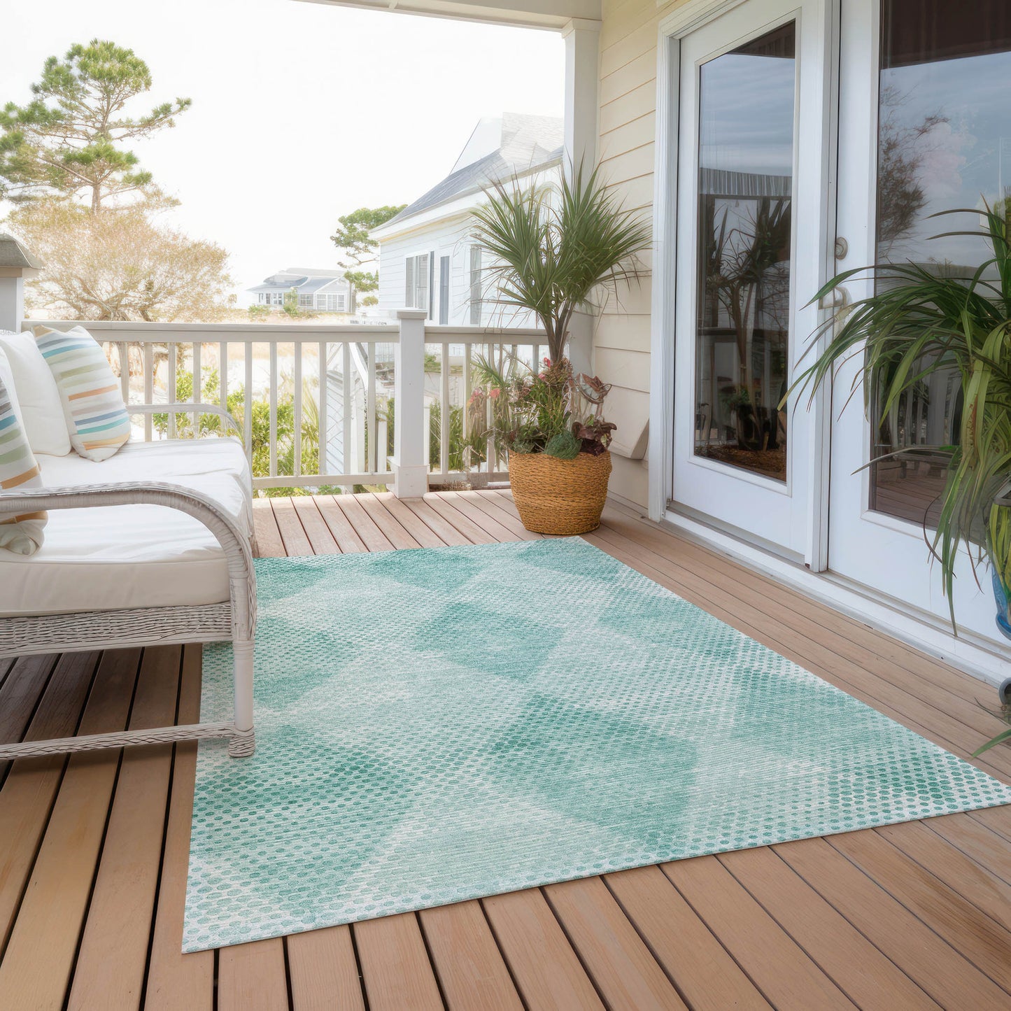 5' X 8' Teal Geometric Washable Non Skid Indoor Outdoor Area Rug