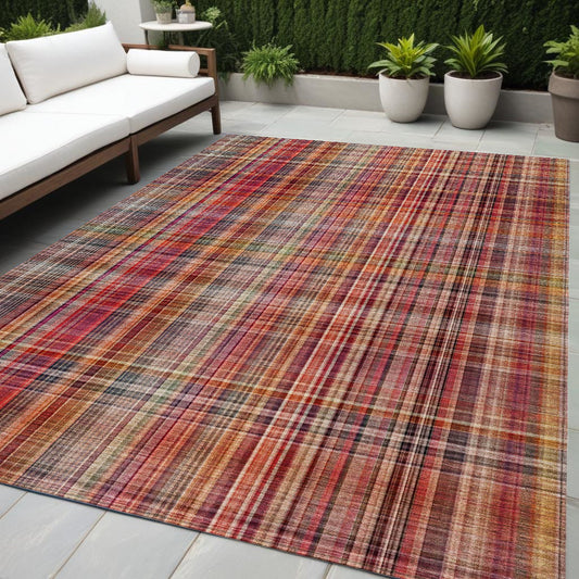 5' X 8' Red Plaid Washable Non Skid Indoor Outdoor Area Rug