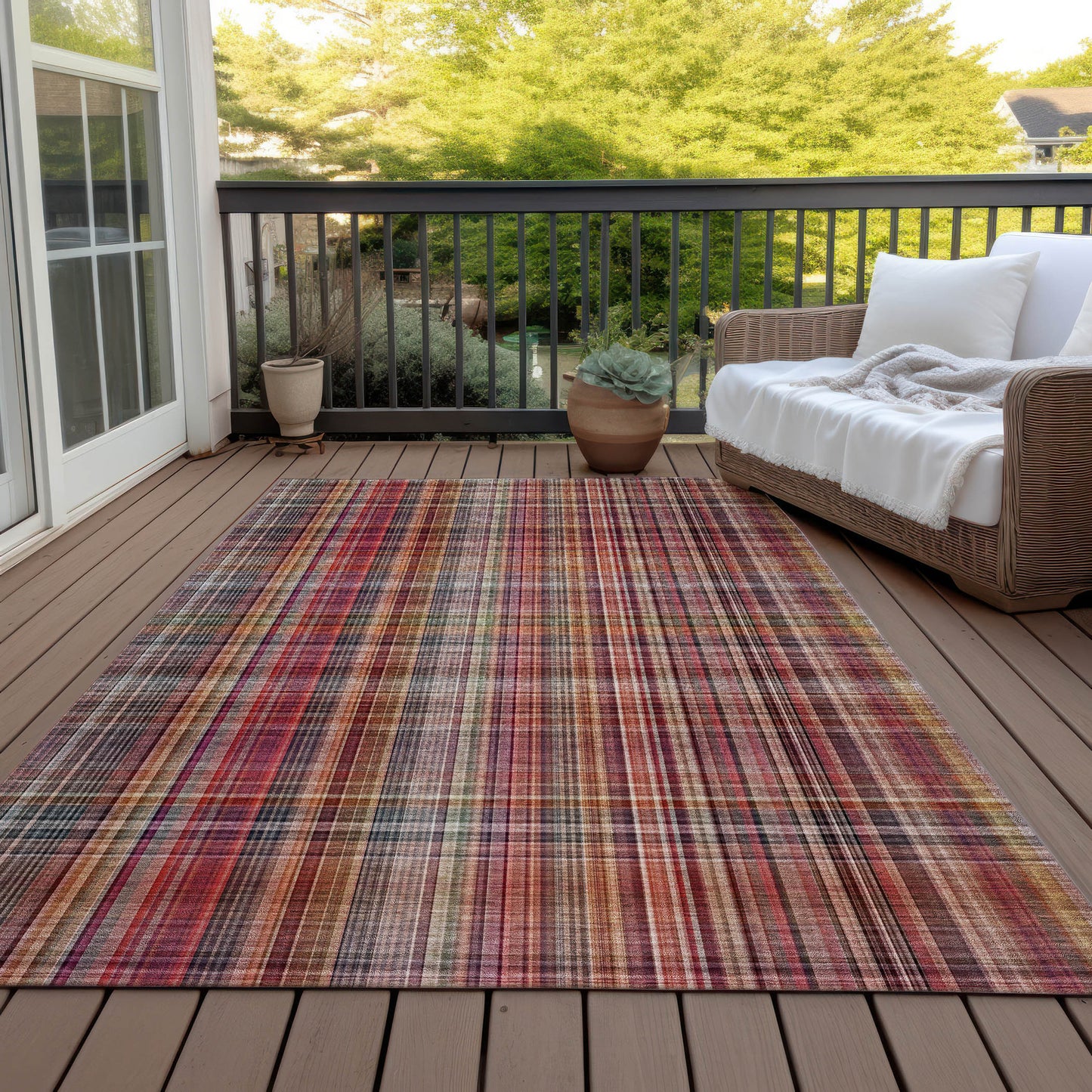 5' X 8' Red Plaid Washable Non Skid Indoor Outdoor Area Rug