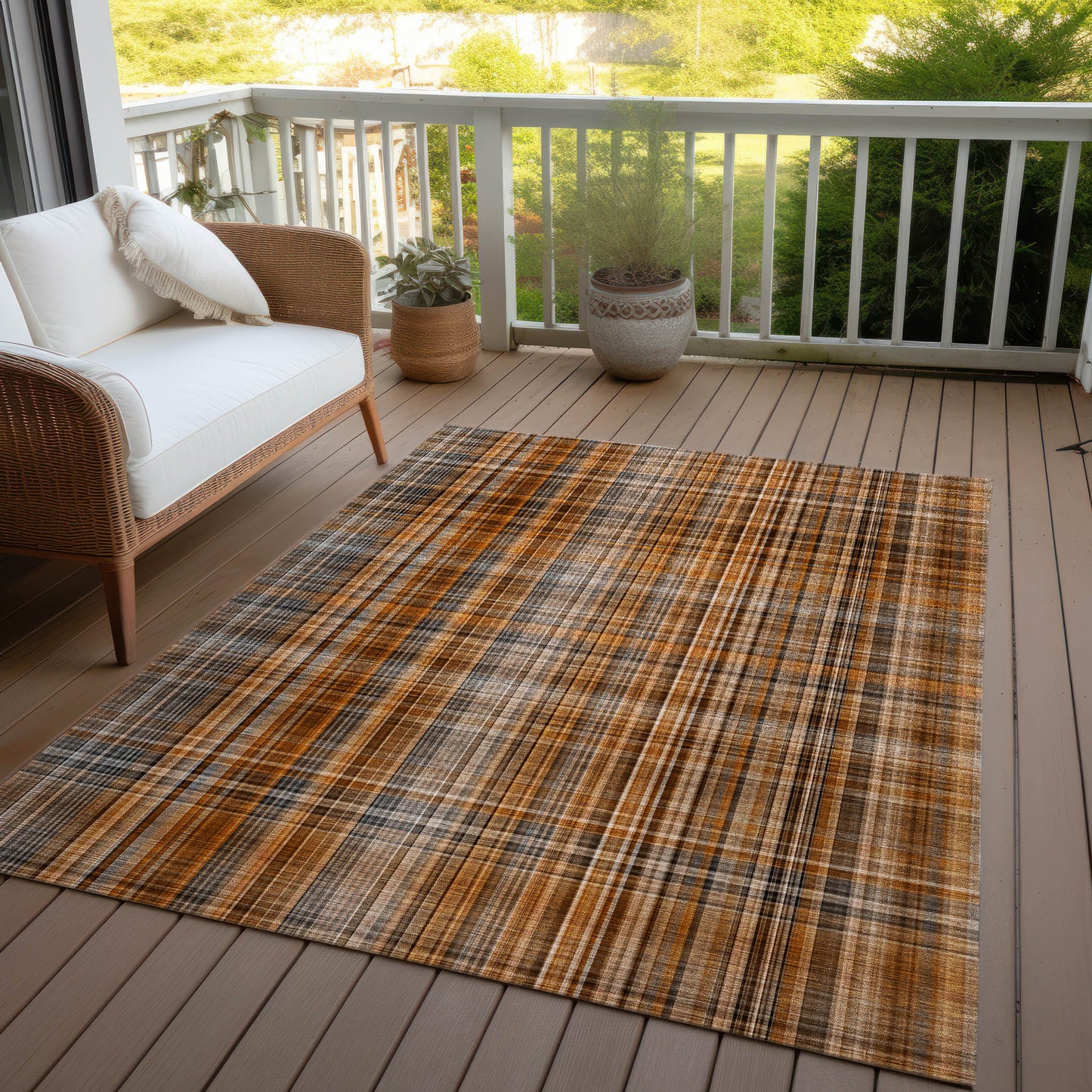 5' X 8' Terra Cotta Plaid Washable Non Skid Indoor Outdoor Area Rug