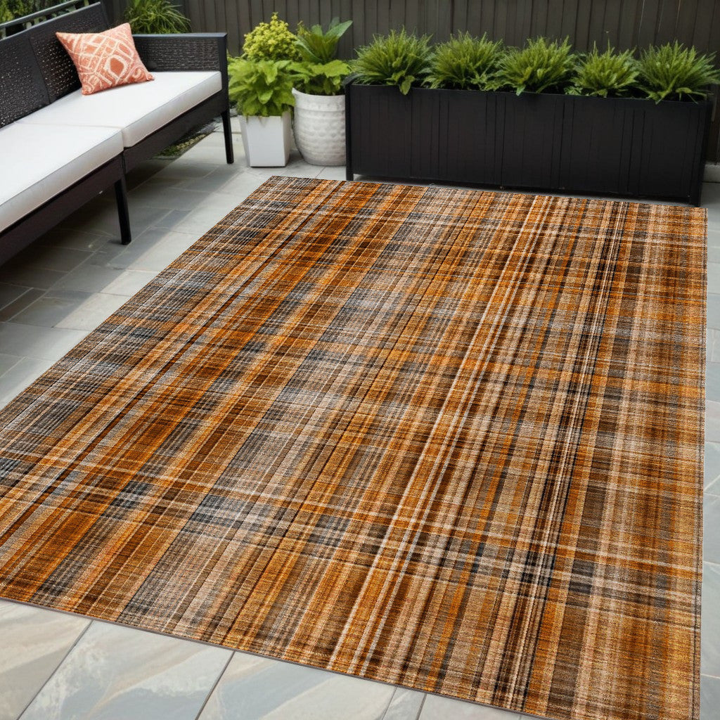 5' X 8' Terra Cotta Plaid Washable Non Skid Indoor Outdoor Area Rug