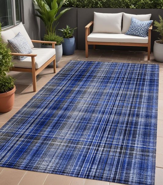 5' X 8' Navy Blue Plaid Washable Non Skid Indoor Outdoor Area Rug