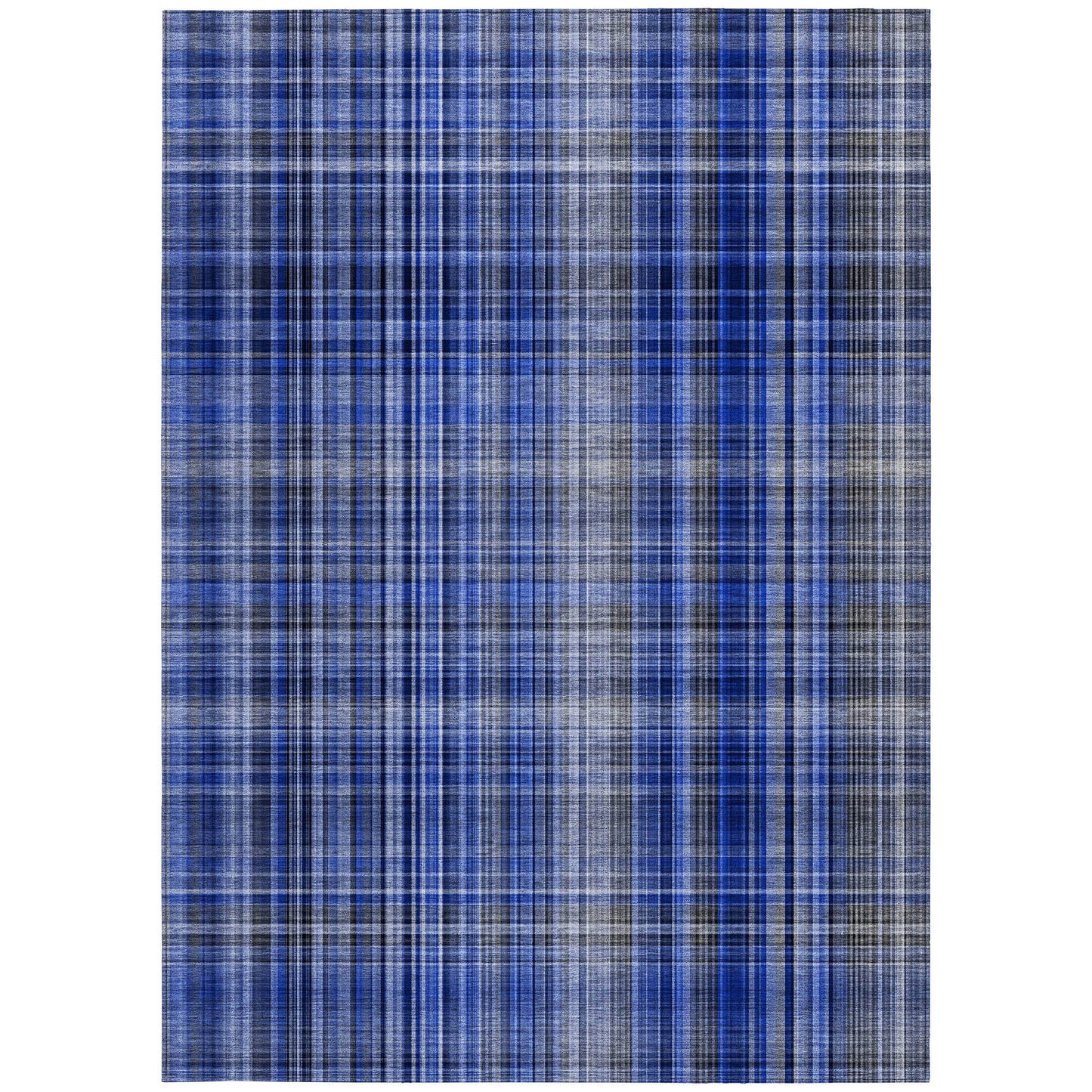 5' X 8' Navy Blue Plaid Washable Non Skid Indoor Outdoor Area Rug