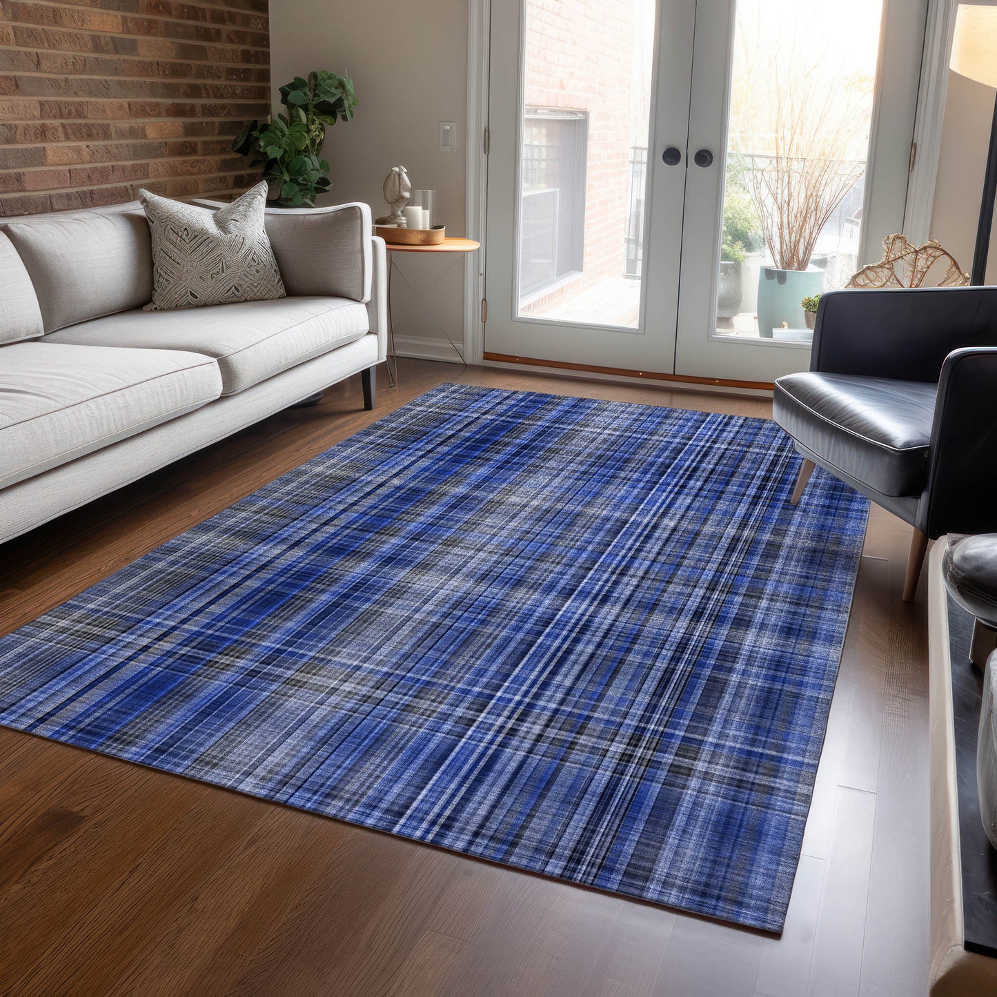 5' X 8' Navy Blue Plaid Washable Non Skid Indoor Outdoor Area Rug