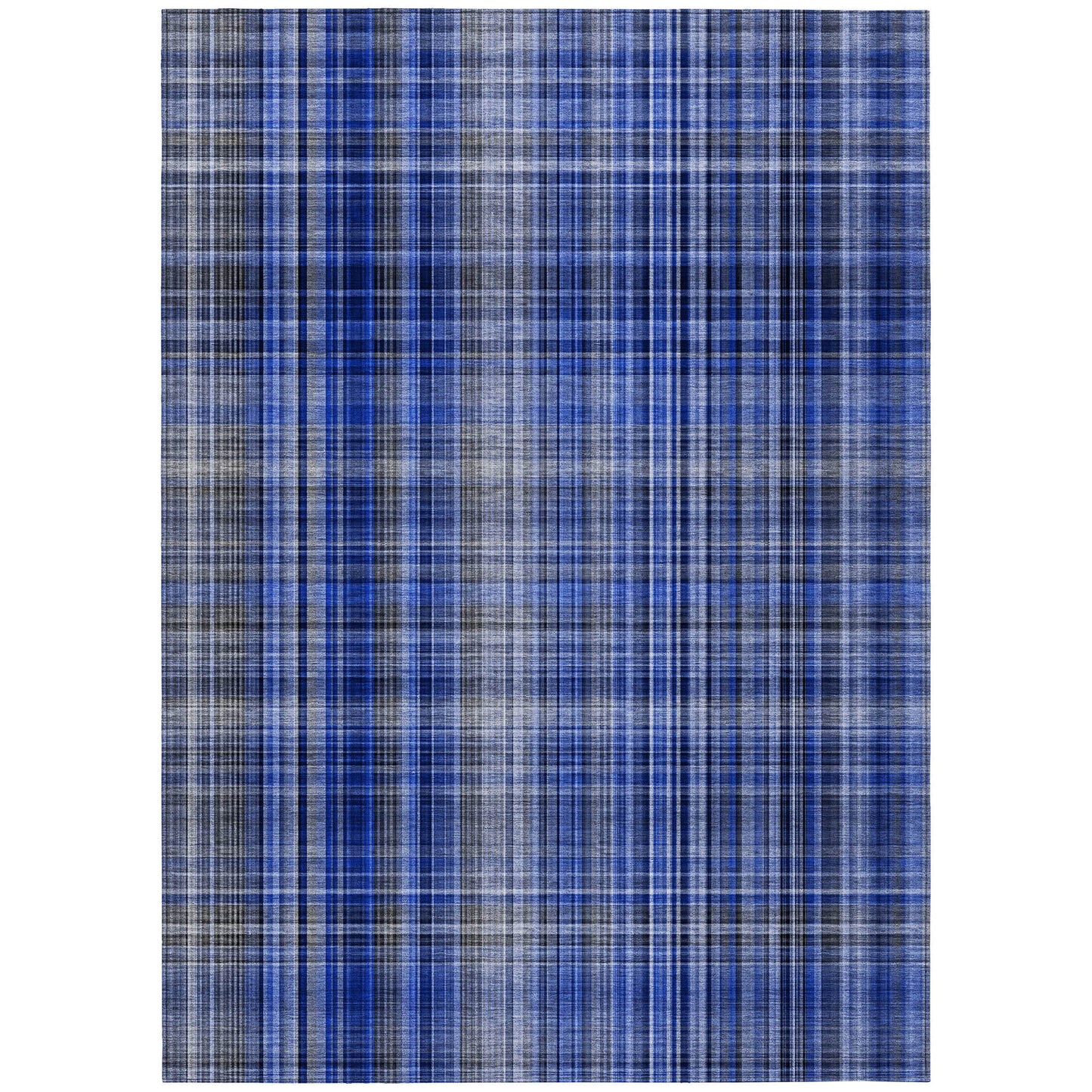 5' X 8' Navy Blue Plaid Washable Non Skid Indoor Outdoor Area Rug