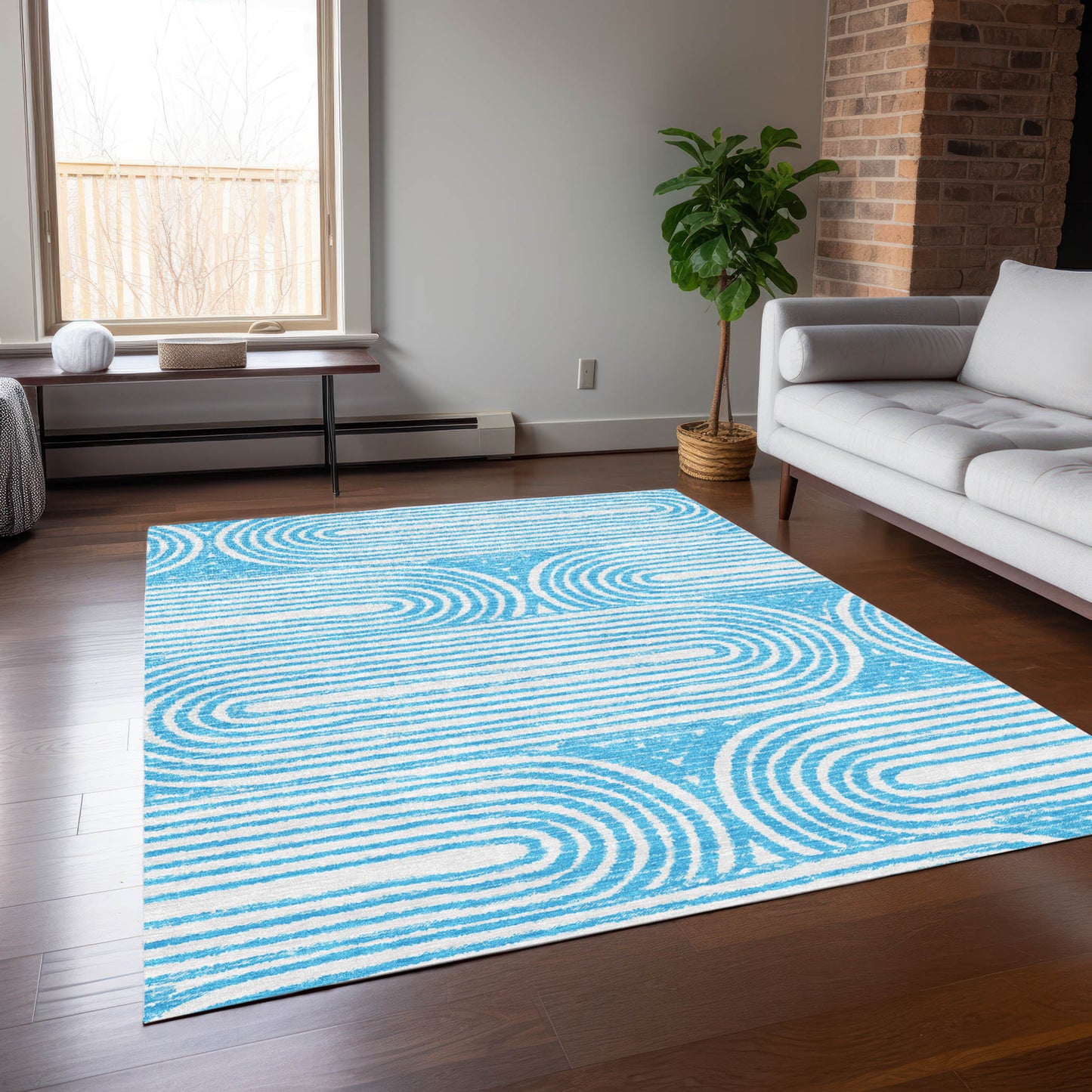 5' X 8' Teal Abstract Washable Non Skid Indoor Outdoor Area Rug