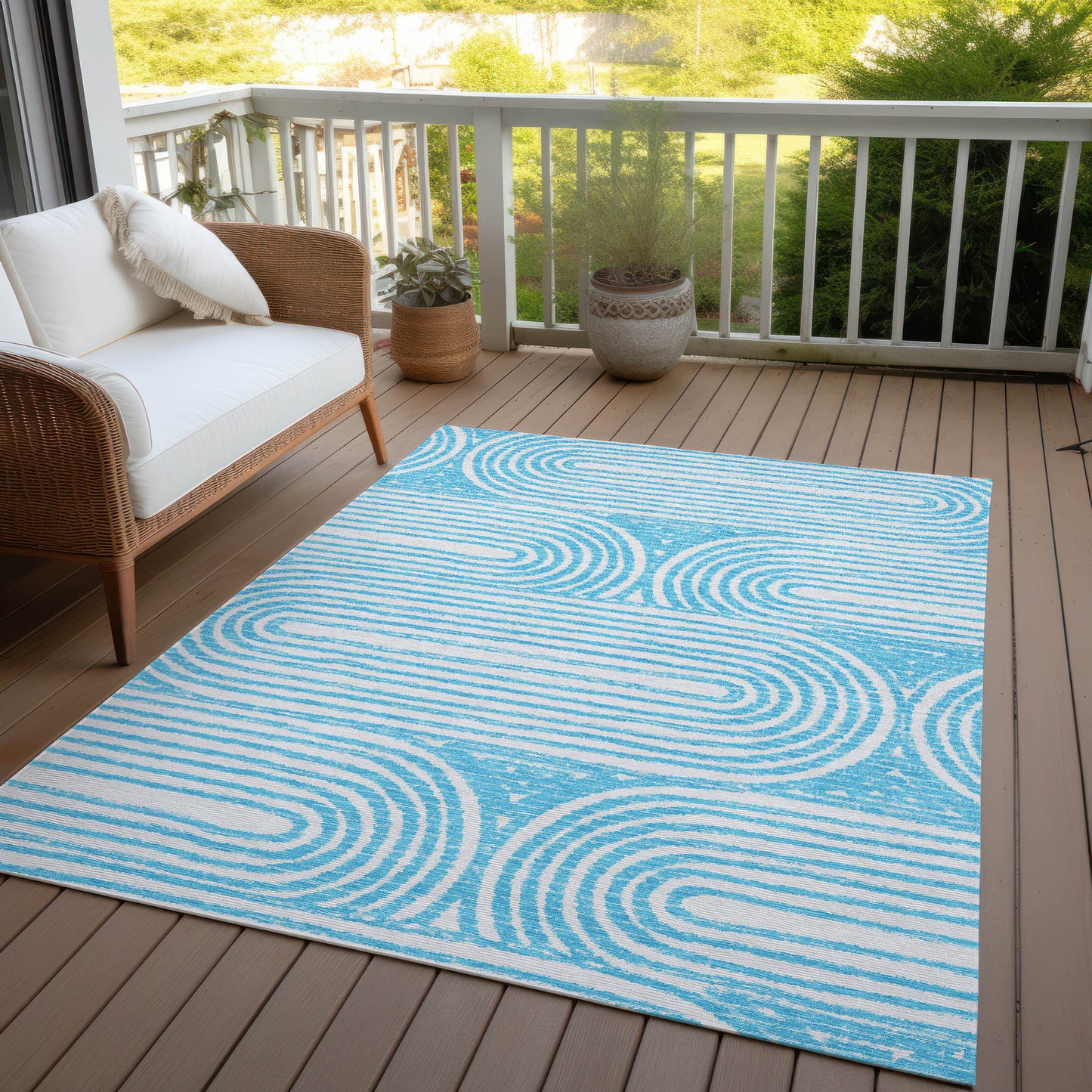 5' X 8' Teal Abstract Washable Non Skid Indoor Outdoor Area Rug