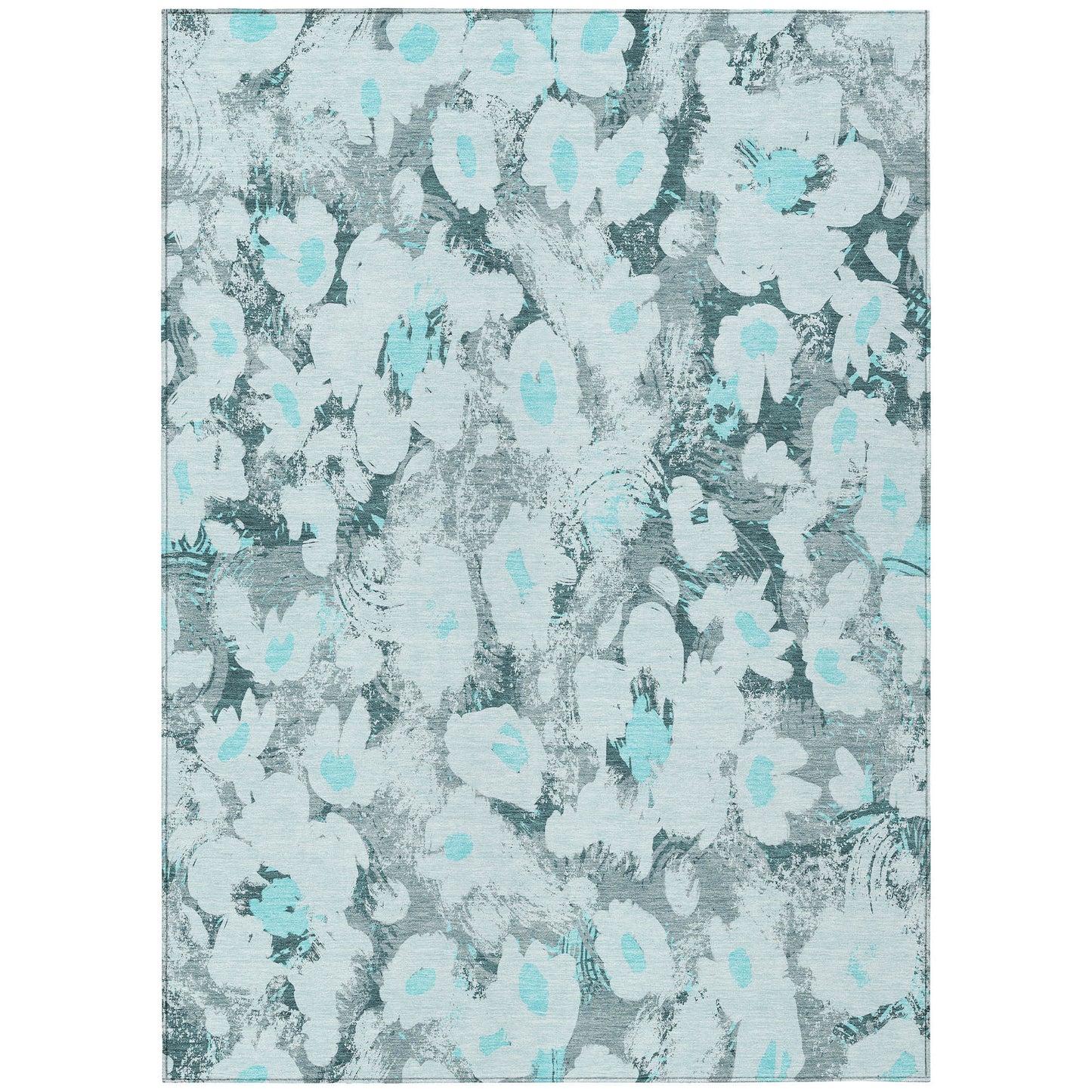 5' X 8' Teal Floral Washable Non Skid Indoor Outdoor Area Rug