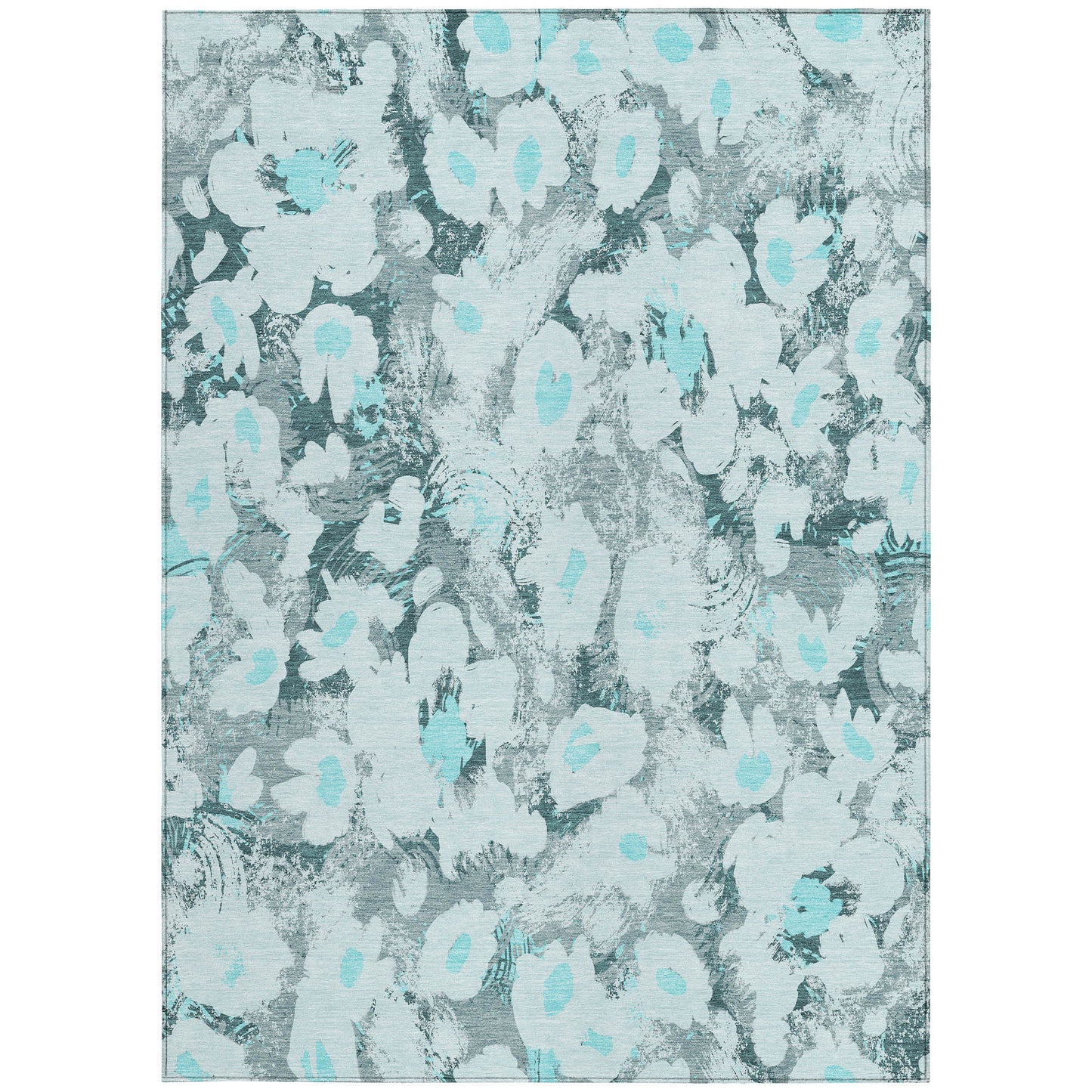 5' X 8' Teal Floral Washable Non Skid Indoor Outdoor Area Rug