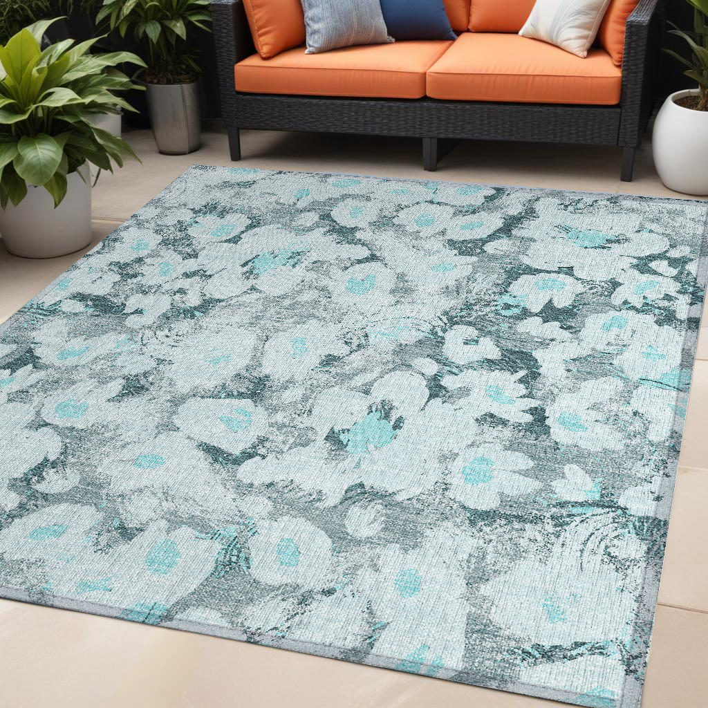 5' X 8' Teal Floral Washable Non Skid Indoor Outdoor Area Rug