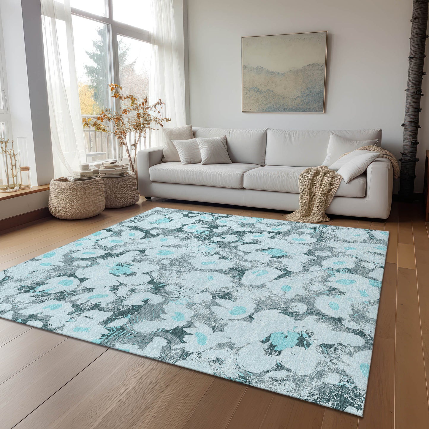 5' X 8' Teal Floral Washable Non Skid Indoor Outdoor Area Rug