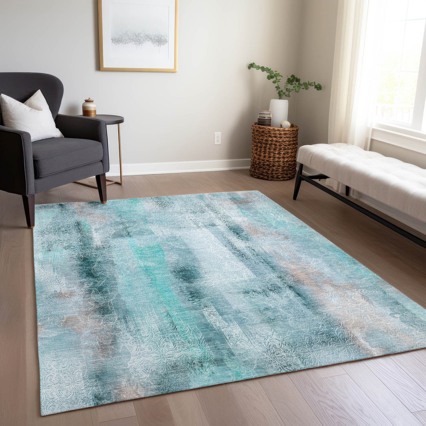 5' X 8' Teal Washable Non Skid Indoor Outdoor Area Rug