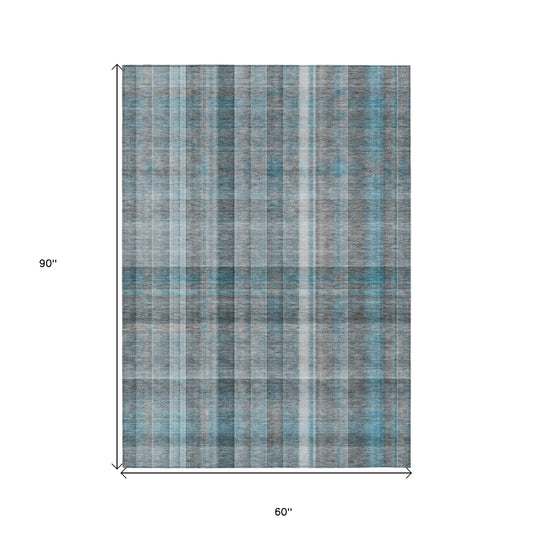 5' X 8' Teal Plaid Washable Non Skid Indoor Outdoor Area Rug