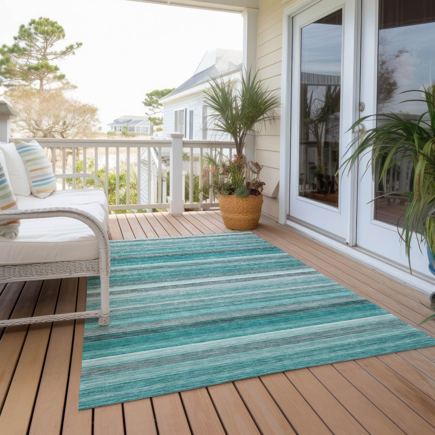 5' X 8' Teal Striped Washable Non Skid Indoor Outdoor Area Rug