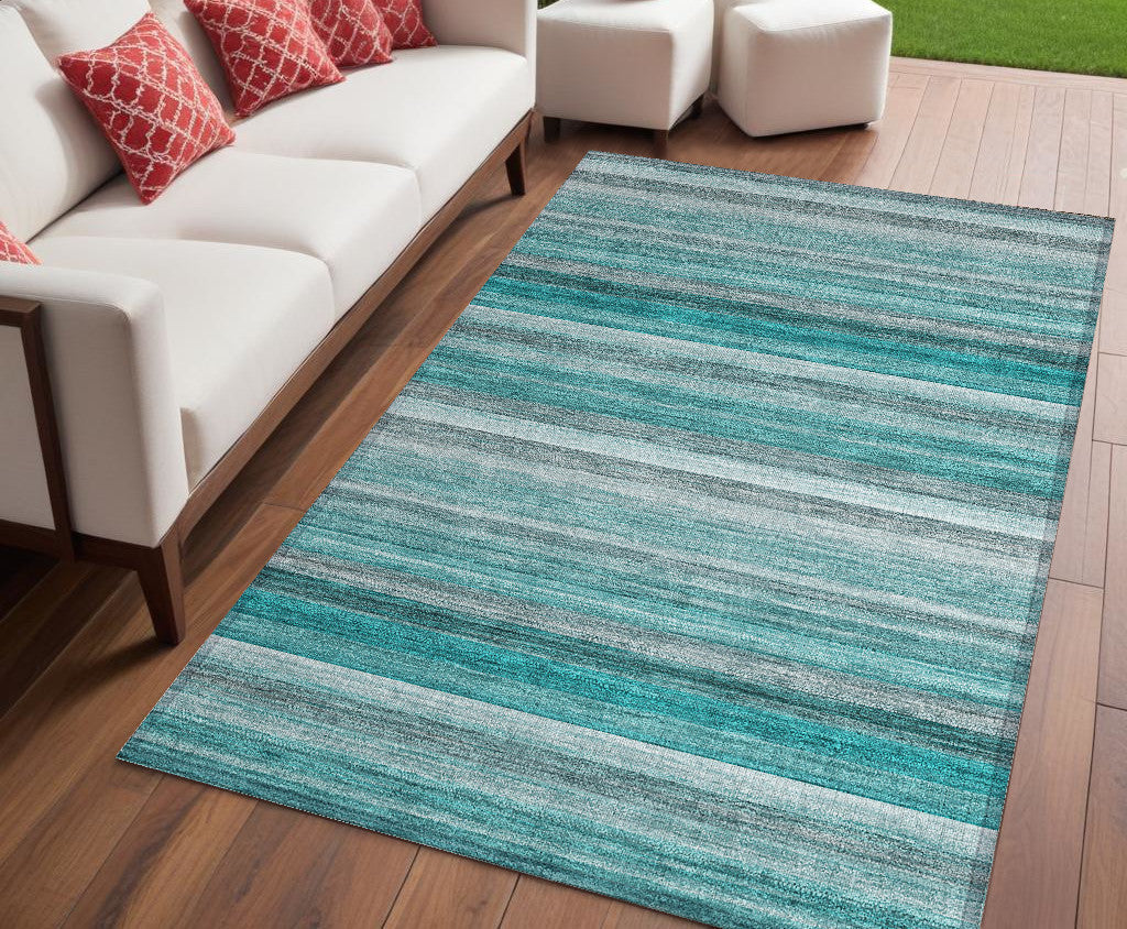 5' X 8' Teal Striped Washable Non Skid Indoor Outdoor Area Rug