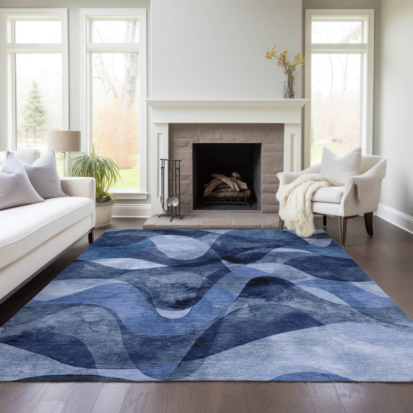 5' X 8' Navy Blue Abstract Washable Non Skid Indoor Outdoor Area Rug