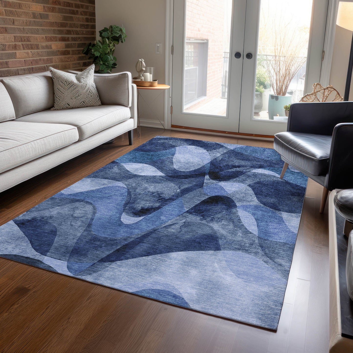 5' X 8' Navy Blue Abstract Washable Non Skid Indoor Outdoor Area Rug