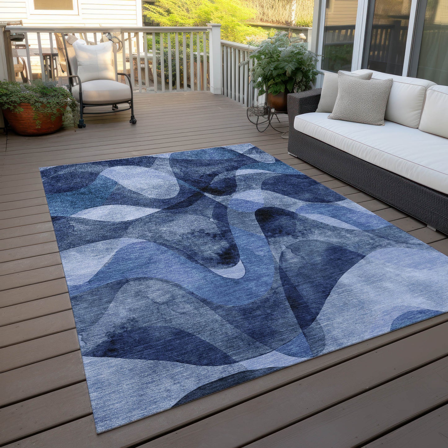 5' X 8' Navy Blue Abstract Washable Non Skid Indoor Outdoor Area Rug