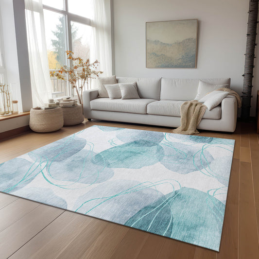 5' X 8' Teal and Ivory Abstract Washable Non Skid Indoor Outdoor Area Rug