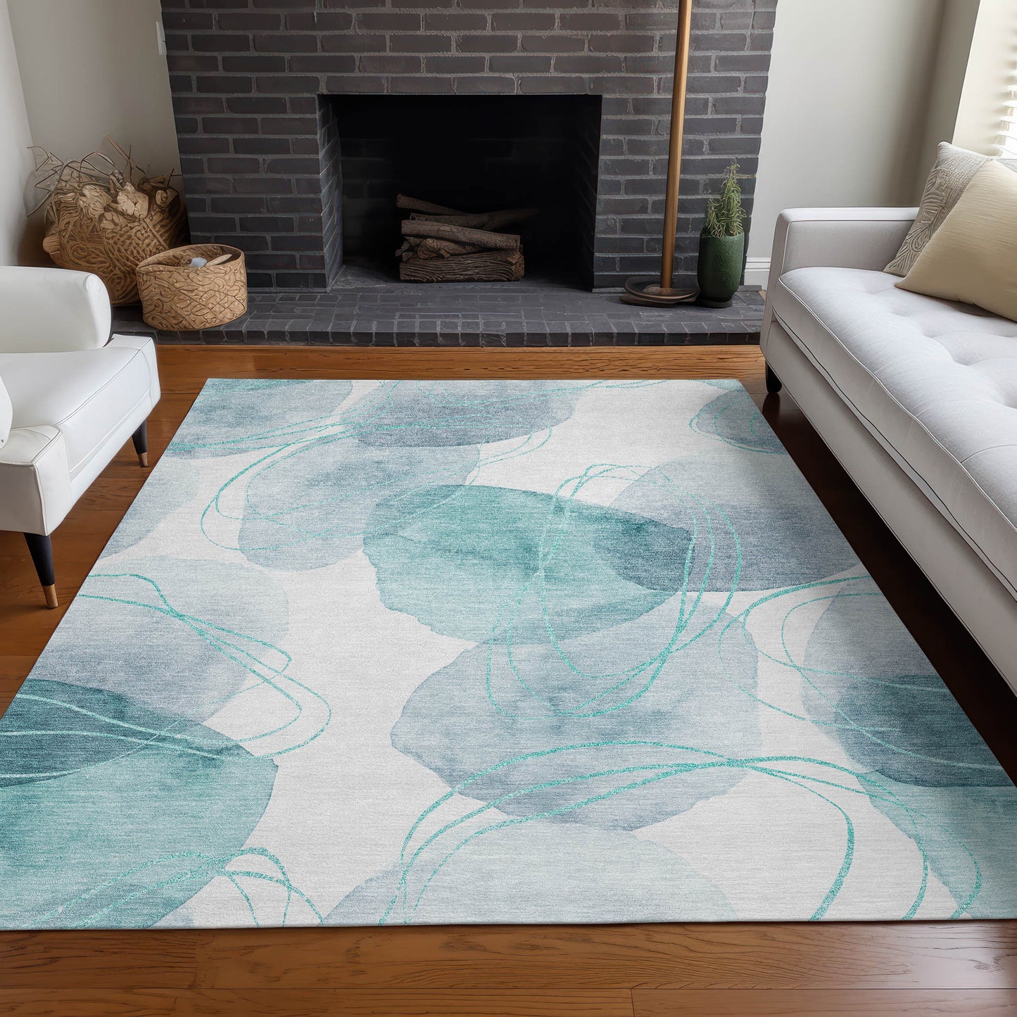 5' X 8' Teal and Ivory Abstract Washable Non Skid Indoor Outdoor Area Rug