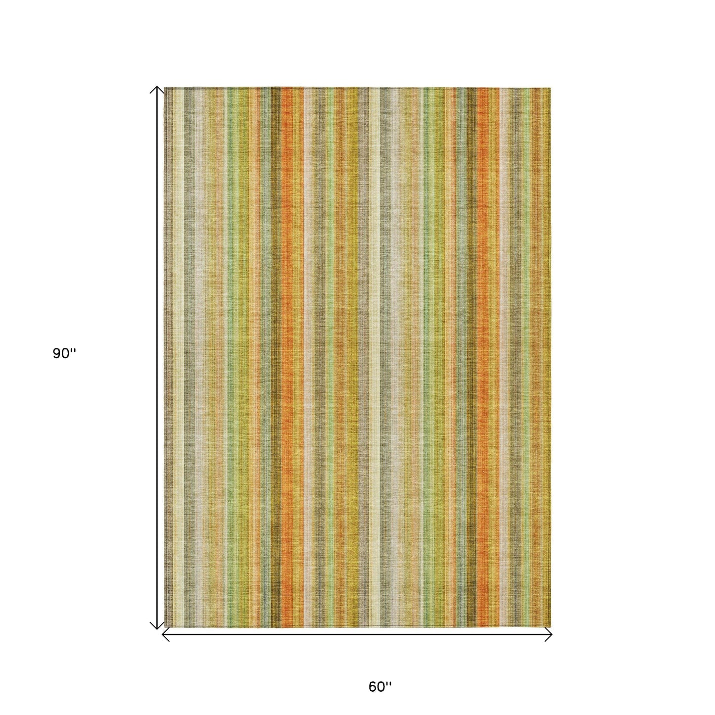 5' X 8' Tan Orange and Green Striped Washable Non Skid Indoor Outdoor Area Rug